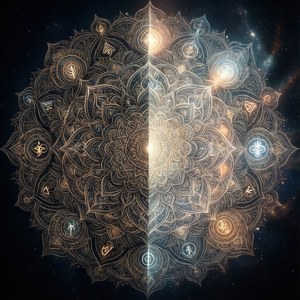 一個帶有神聖符號的發光曼陀羅，置於星空夜空之上。 — Tecno Phantom 壁紙