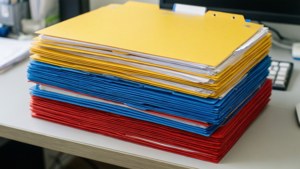 白色辦公桌上的一堆紅色、藍色和黃色文件夾