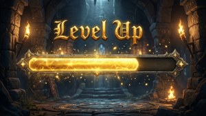 黑暗石地牢中嘅Level Up遊戲畫面，有發光金色進度條同火把。