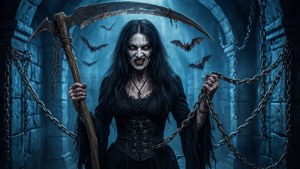 一位擁有發光黃色眼睛的死亡女神，在蝙蝠出沒的黑暗石墓中手持鐮刀和鎖鏈。