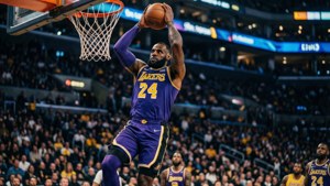 勒邦占士身穿湖人隊服在NBA比賽中入樽籃球，背景有觀眾。