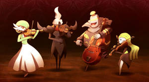 四個動漫角色在昏暗的舞台上演奏小提琴和大提琴。