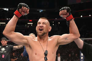 MMA拳手在八角籠內高舉拳頭慶祝勝利。