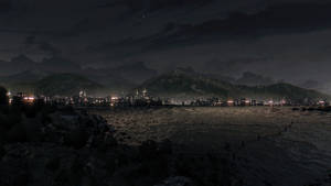 城市燈光在繁星夜空下映襯著黑暗的山脈。