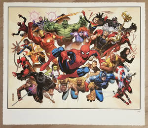 Marvel超級英雄團隊插圖， featuring 蜘蛛俠、變形俠醫和美國隊長。