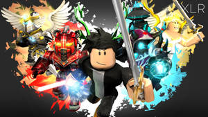 Roblox 戰士手持發光劍，與四個奇幻盟友擺出動態戰鬥姿勢。