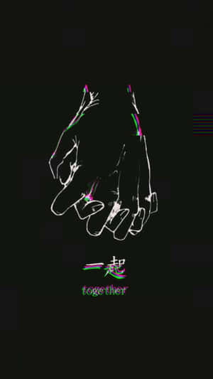 兩隻手緊握，帶有霓虹光芒及下方文字