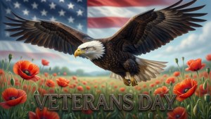 白頭鷹飛越紅罌粟花田，伴隨美國國旗和Veterans Day文字