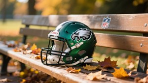 綠色費城老鷹美式足球頭盔在木長椅上與秋葉