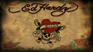 Ed Hardy 標誌，骷髏頭，心形，玫瑰，紋理背景