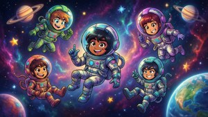 五個微笑的卡通太空人在行星和星星附近的彩色太空漂浮。