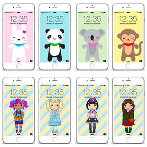 iPhone屏幕上的八款色彩繽紛的卡通動物和女孩牆紙。