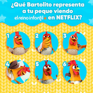 六隻插圖公雞在兒童Netflix問答圖形中展現多種表情。