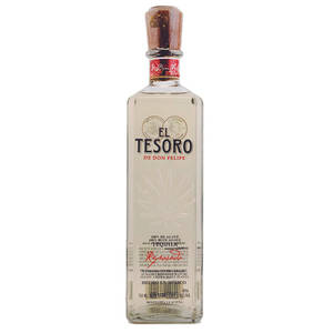 一瓶帶木塞的El Tesoro de Don Felipe Reposado龍舌蘭酒。