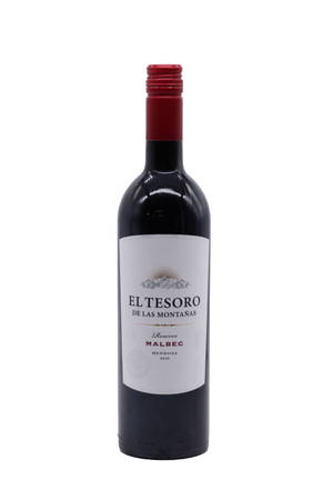 一瓶帶有紅色箔帽和白色標籤的 El Tesoro Malbec 紅酒。