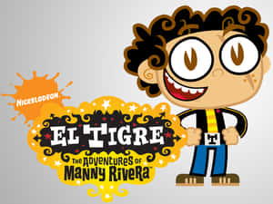El Tigre 卡通角色，大眼睛和捲曲頭髮，手持標誌。