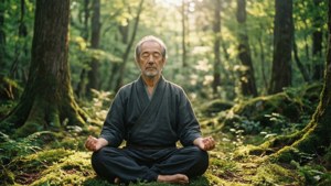 一位長者在陽光明媚的森林中平靜地冥想。
