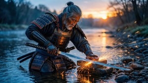 老武士在金色日落時分的河邊磨劍。