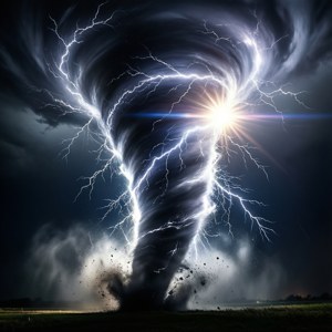 帶有閃電和太陽爆發的巨大龍捲風，在夜間黑暗的田野上空