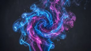 電光藍和洋紅色煙霧在黑暗背景上與星星旋轉