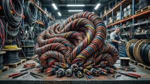 工業倉庫工作枱上巨大的彩色電纜線圈，背景有工具和工人。