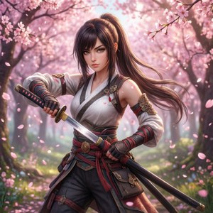 動漫女戰士喺櫻花林手持武士刀