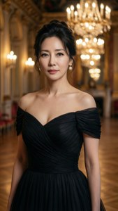一位身穿黑色晚禮服的女士站在宏偉的大廳中，有水晶吊燈。