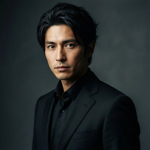 一個穿著黑色西裝、表情嚴肅的男人在工作室肖像中。