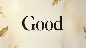 「good」呢個字用黑色襯線字體，被金色樹葉包圍喺忌廉色背景上