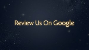金色發光文字寫著 Review Us On Google，襯托星空夜空