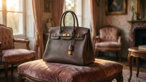 棕色皮革 Hermès Birkin 手袋放在復古客廳的天鵝絨腳凳上，有陽光照射。