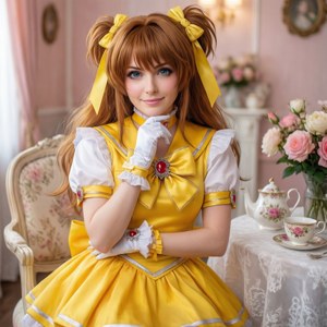 年輕女子身穿黃色水手cosplay，坐在茶桌旁，周圍有粉紅玫瑰和復古裝飾。