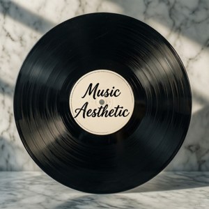 黑色黑膠唱片帶有 'Music Aesthetic' 標籤，放在大理石表面上，有陽光和陰影