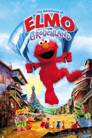 Elmo 開心噉跳過一個色彩繽紛嘅小鎮，下面有芝麻街角色。 — Huawei MatePad 12 X (2025) 壁紙