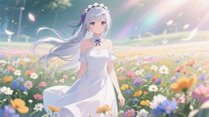 銀發動漫女孩白色連衣裙站在彩色花田彩虹光線
