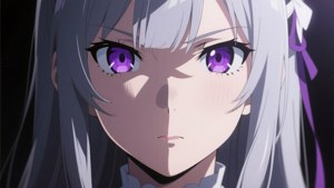 銀色頭髮和紫色眼睛的動漫女孩，以嚴肅的表情直視觀眾。