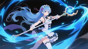 女僕裝動漫女孩揮舞發光藍色法杖，帶有魔法能量漩渦