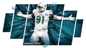 美式足球員 Emmanuel Ogbah 身穿白色球衣，雙臂伸向青綠色幾何碎片。 — 邁阿密海豚 GIF 壁紙