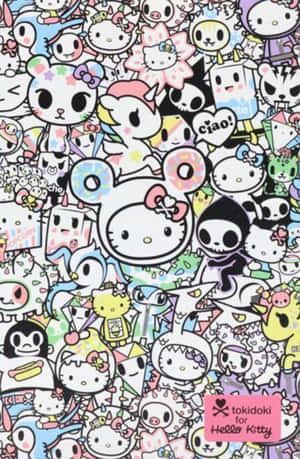 一個密集色彩繽紛的壁紙， featuring Hello Kitty和Tokidoki角色。