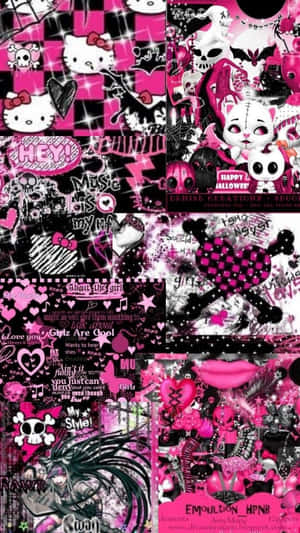 粉紅色和黑色龐克哥德拼貼畫，帶有頭骨、Hello Kitty、心形和塗鴉文字。