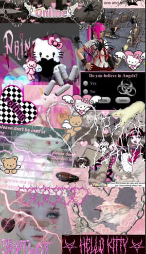 哥德式粉紅色拼貼畫，包含Hello Kitty、動漫角色和混亂的文字元素。