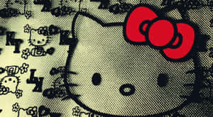 Hello Kitty在圖案布料背景上戴著紅色蝴蝶結。