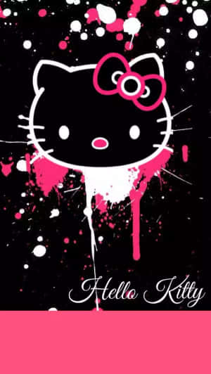 Hello Kitty 角色，帶有粉紅色蝴蝶結，黑色背景上有油漆濺點。