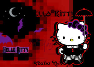 Hello Kitty 打扮成吸血鬼，在月光下撐著雨傘，周圍有蝙蝠。
