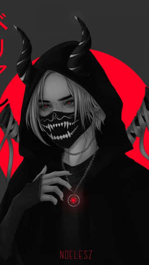 帶有角和骷髏面具的動漫惡魔，佩戴發光的五角星項鍊。