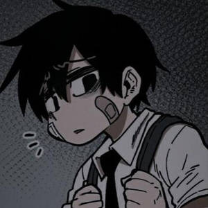 一個臉頰纏著繃帶的動漫男孩低著頭，表情悲傷。