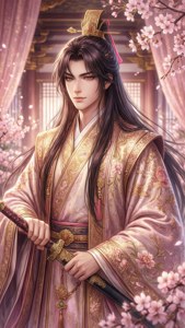 一位身穿粉紅和金色傳統長袍的男子在櫻花下持劍。