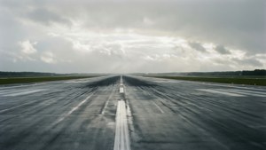 多雲天空下的濕跑道，地平線上有遠處樹木