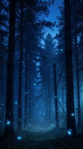 發光的藍色螢火蟲在夜晚霧氣瀰漫的松樹林中飄浮。