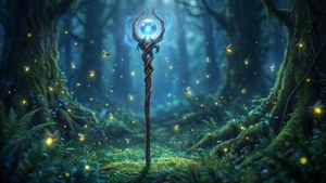 迷霧森林中的發光魔法手杖，伴隨著螢火蟲和長滿苔蘚的樹木。